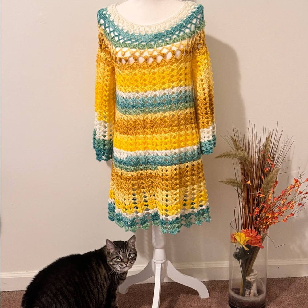 Yellow and Green Crochet Midi Dress